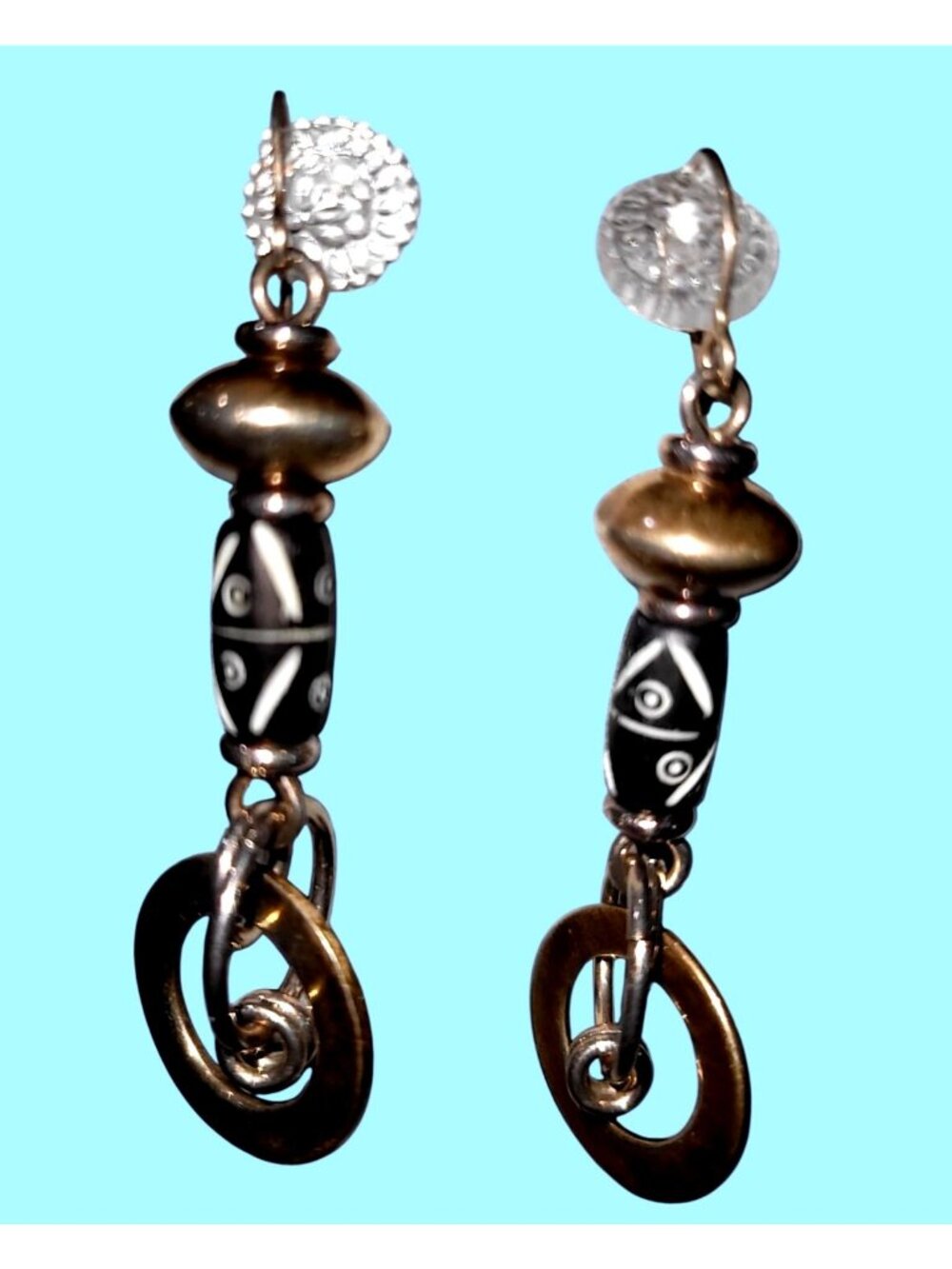 Vintage 1960's Bone and Brass Dangle African Style Pierced Earrings with Loops